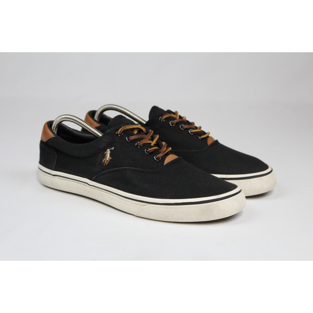 Polo Ralph Lauren Vaughn Black Canvas Leather Mens Size 10 Casual Sneakers shoes